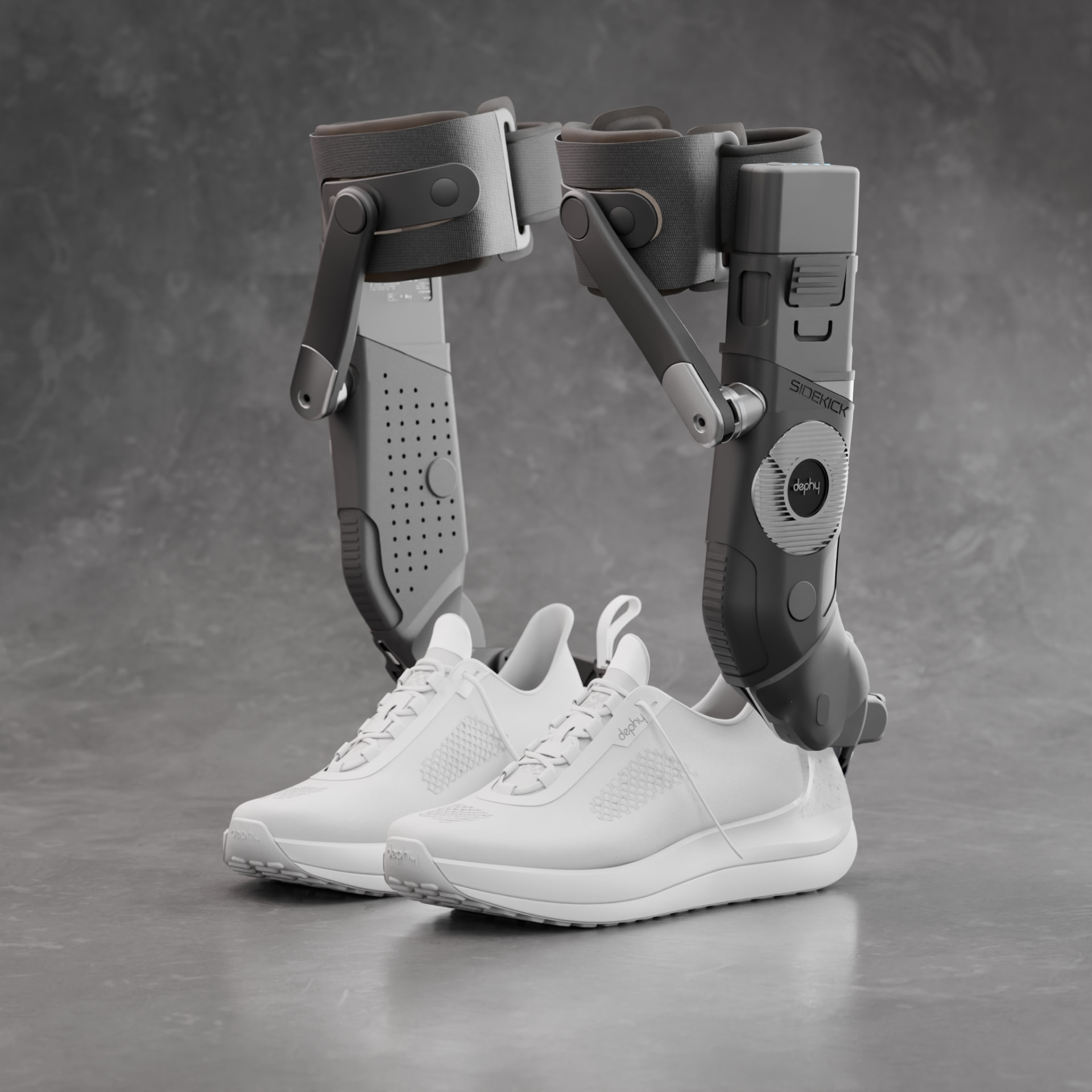 Three-quarter front view of the Sidekick sneakers with robotic ankle braces